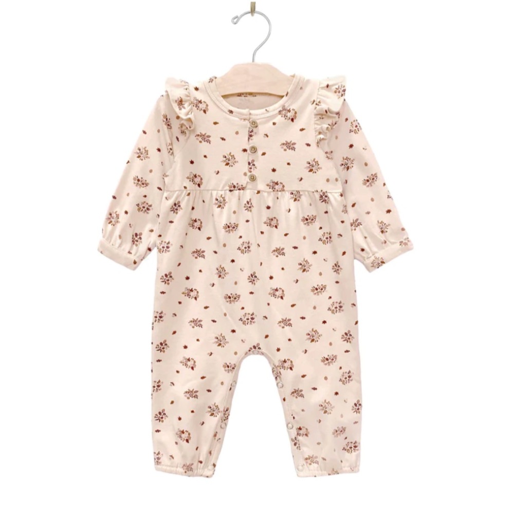 City Mouse Flutter Sleeve Long Leg Romper - Creme Brulee Floral